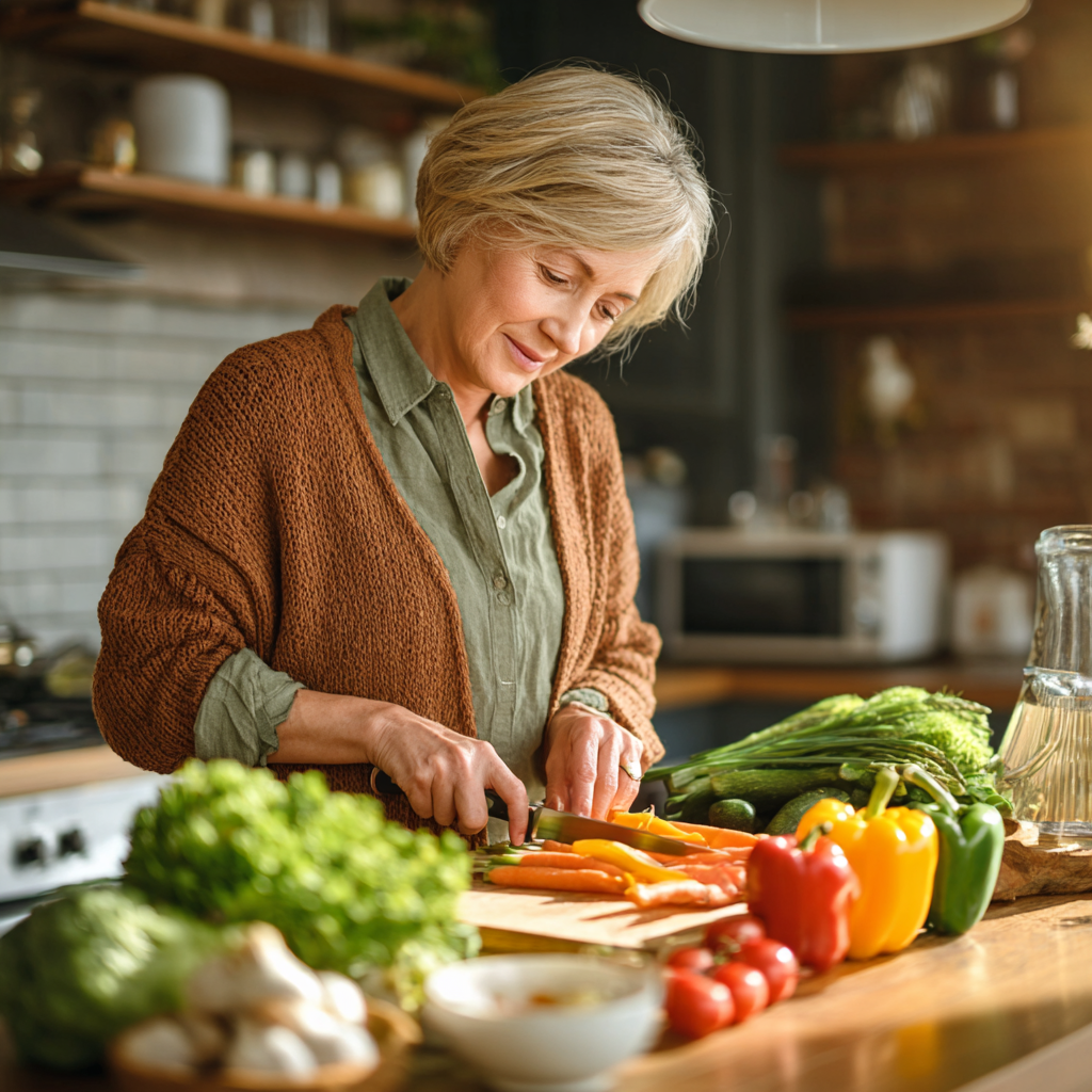Middle-aged woman preparing fresh vegetables in modern kitchen with natural lighting