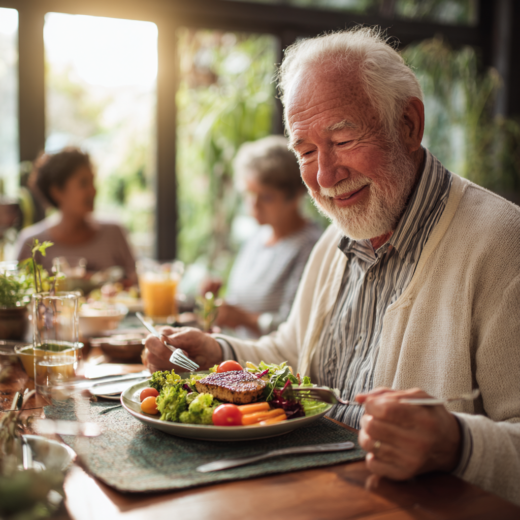 Senior man enjoying healthy meal with family at wooden table with natural daylight